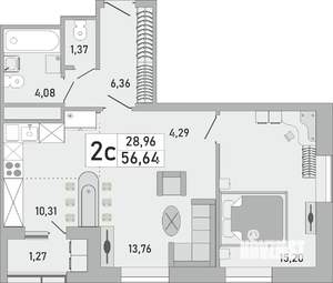2-к квартира, строящийся дом, 57м2, 7/24 этаж