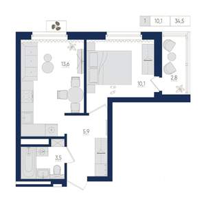 1-к квартира, вторичка, 35м2, 13/22 этаж