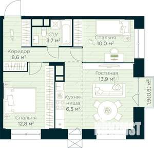 2-к квартира, вторичка, 56м2, 9/30 этаж