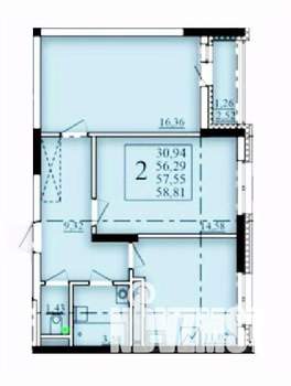 2-к квартира, строящийся дом, 58м2, 19/25 этаж