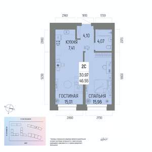 2-к квартира, вторичка, 47м2, 10/22 этаж