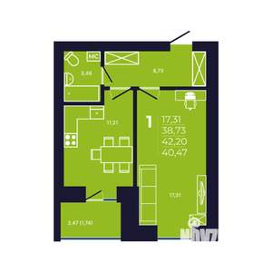 1-к квартира, строящийся дом, 40м2, 8/12 этаж