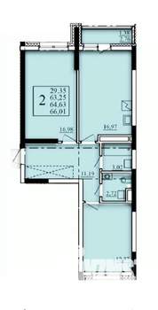 2-к квартира, строящийся дом, 65м2, 16/25 этаж