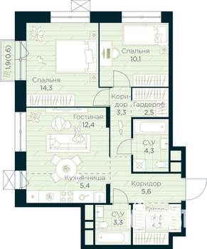 2-к квартира, строящийся дом, 66м2, 9/10 этаж