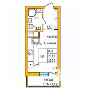 1-к квартира, строящийся дом, 22м2, -2/33 этаж
