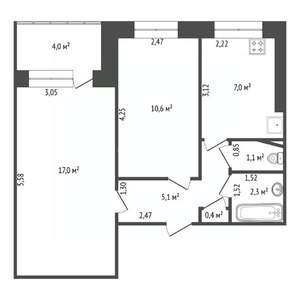 2-к квартира, вторичка, 44м2, 5/9 этаж