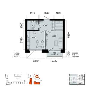1-к квартира, вторичка, 35м2, 5/9 этаж