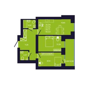 2-к квартира, вторичка, 56м2, 3/12 этаж