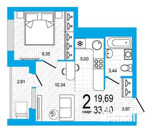 2-к квартира, строящийся дом, 33м2, 13/25 этаж