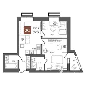 3-к квартира, строящийся дом, 54м2, 10/21 этаж
