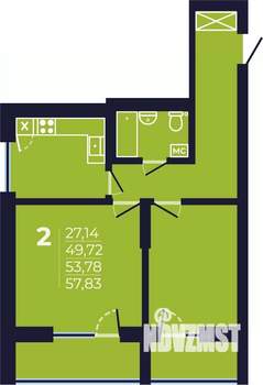 2-к квартира, строящийся дом, 54м2, 20/25 этаж
