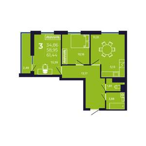 3-к квартира, строящийся дом, 61м2, 8/25 этаж