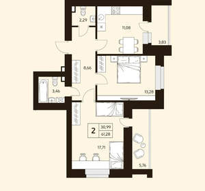 2-к квартира, вторичка, 61м2, 5/10 этаж