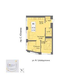 3-к квартира, вторичка, 57м2, 24/32 этаж