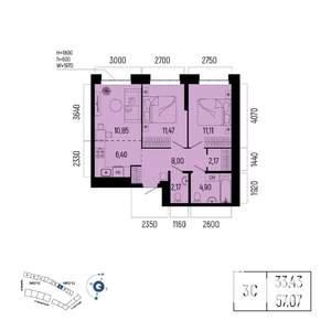 3-к квартира, вторичка, 57м2, 2/13 этаж