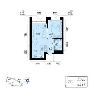 2-к квартира, вторичка, 44м2, 22/25 этаж