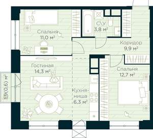 2-к квартира, строящийся дом, 59м2, 27/30 этаж