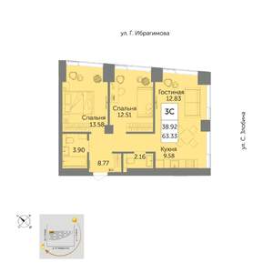 3-к квартира, вторичка, 63м2, 15/32 этаж
