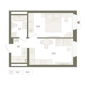 1-к квартира, вторичка, 39м2, 3/25 этаж