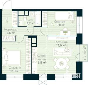 2-к квартира, строящийся дом, 56м2, 5/30 этаж