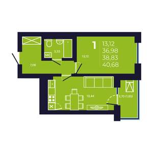 1-к квартира, вторичка, 39м2, 22/25 этаж