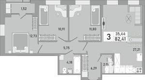 3-к квартира, строящийся дом, 82м2, 22/24 этаж