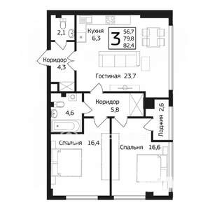 3-к квартира, вторичка, 84м2, 12/18 этаж