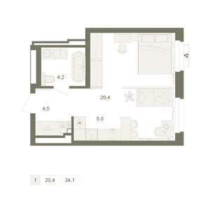 1-к квартира, вторичка, 34м2, 2/25 этаж