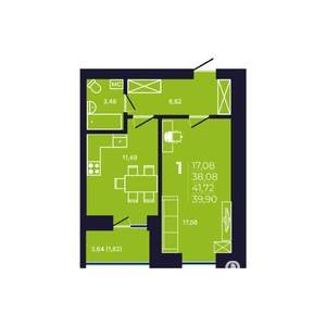 1-к квартира, строящийся дом, 40м2, 9/12 этаж