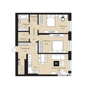 2-к квартира, вторичка, 74м2, 13/25 этаж