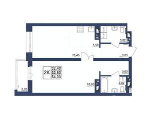 2-к квартира, строящийся дом, 54м2, 34/34 этаж