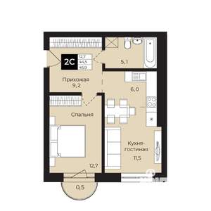 1-к квартира, вторичка, 45м2, 6/25 этаж