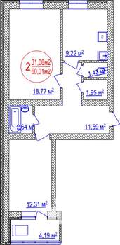 2-к квартира, строящийся дом, 60м2, 4/10 этаж