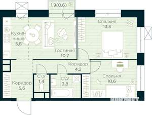 2-к квартира, строящийся дом, 56м2, 6/10 этаж