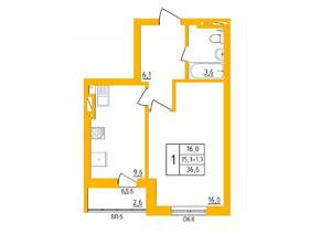 1-к квартира, строящийся дом, 36м2, 26/27 этаж