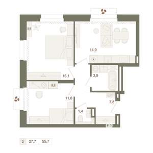 2-к квартира, вторичка, 56м2, 2/10 этаж