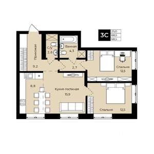 2-к квартира, вторичка, 69м2, 23/25 этаж