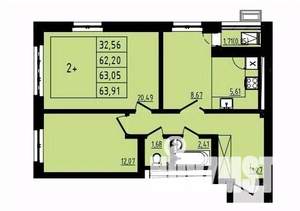 2-к квартира, вторичка, 63м2, 19/25 этаж