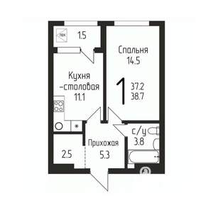 1-к квартира, строящийся дом, 39м2, 19/24 этаж