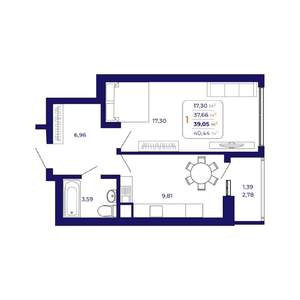 1-к квартира, строящийся дом, 39м2, 6/25 этаж