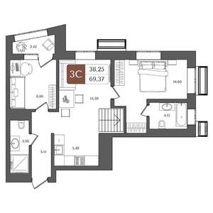 3-к квартира, строящийся дом, 69м2, 21/21 этаж