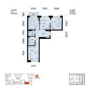 3-к квартира, вторичка, 69м2, 4/7 этаж