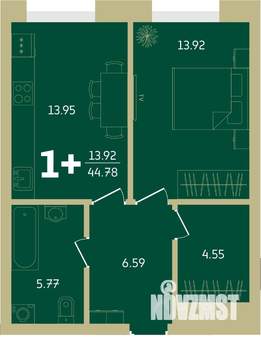 1-к квартира, строящийся дом, 45м2, 6/32 этаж