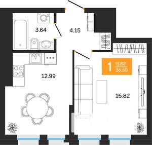 1-к квартира, вторичка, 37м2, 9/25 этаж