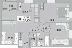3-к квартира, строящийся дом, 79м2, 18/24 этаж