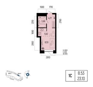 1-к квартира, вторичка, 23м2, 14/25 этаж