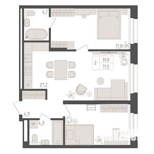 2-к квартира, вторичка, 72м2, 9/18 этаж
