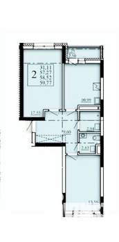 2-к квартира, строящийся дом, 59м2, 13/25 этаж