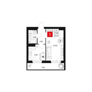 1-к квартира, строящийся дом, 37м2, 2/15 этаж