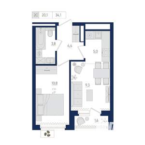 2-к квартира, вторичка, 34м2, 16/22 этаж